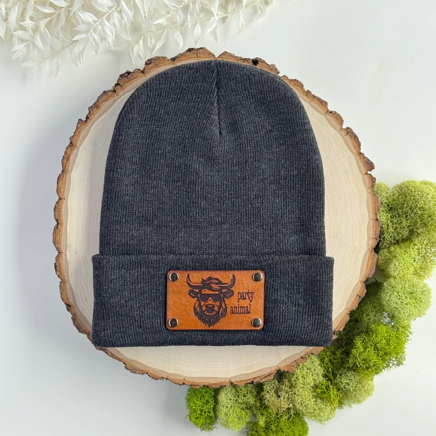 Party Animal beanie with snap on/off leather patch