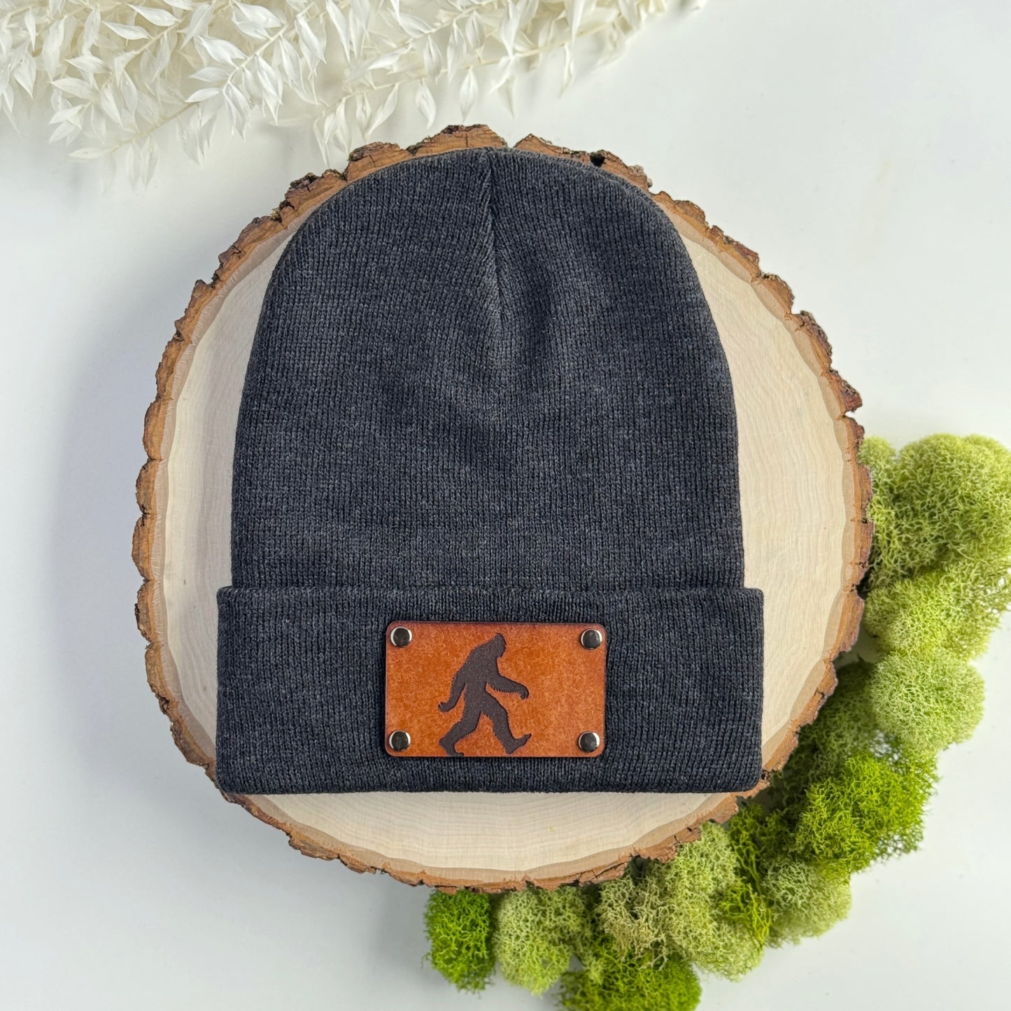 Sasquatch beanie with snap on/off leather patch