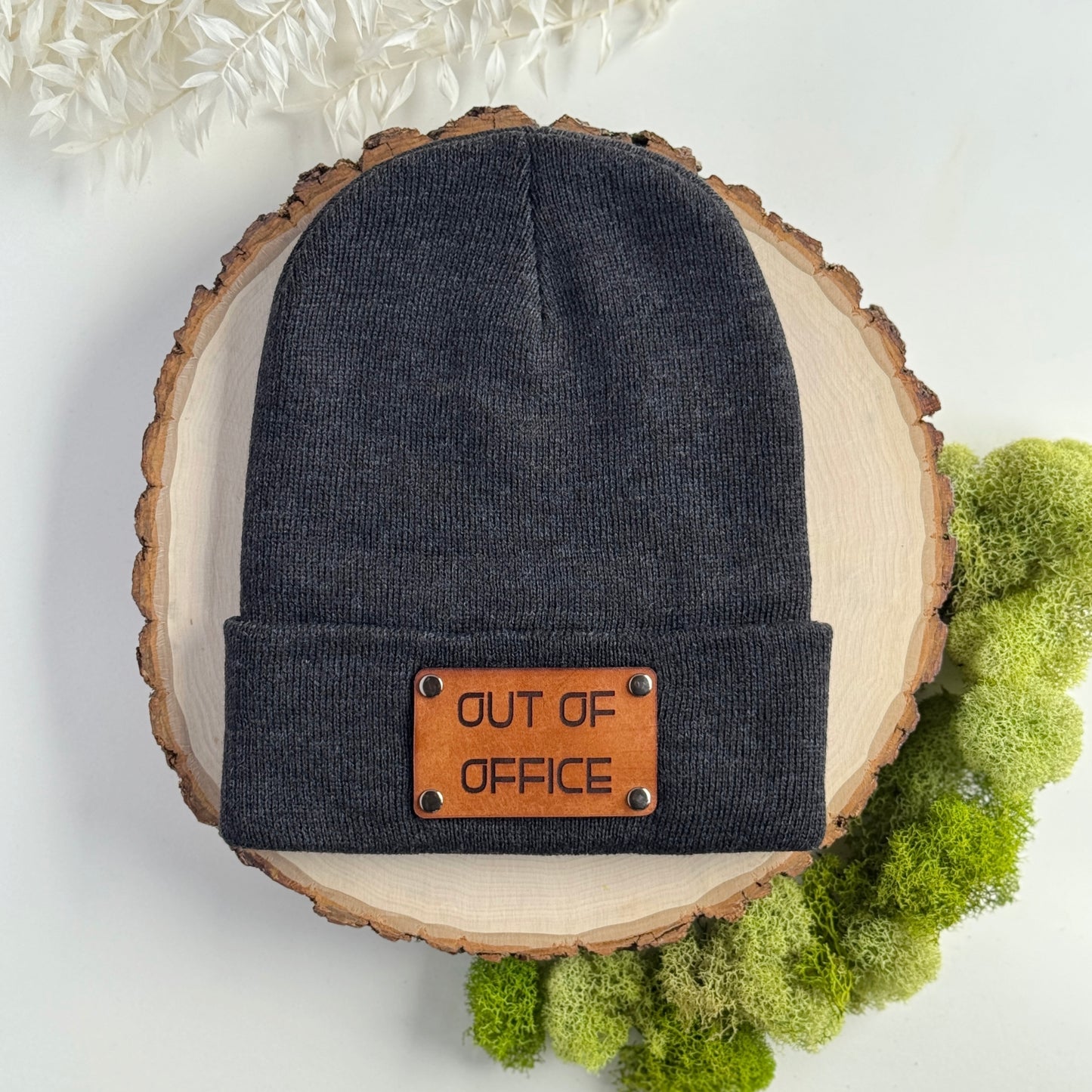 Out of Office beanie with snap on/off leather patch