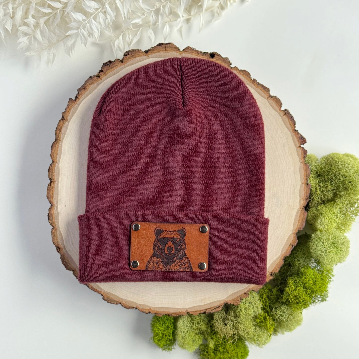 Bear in Sunglasses beanie with snap on/off leather patch