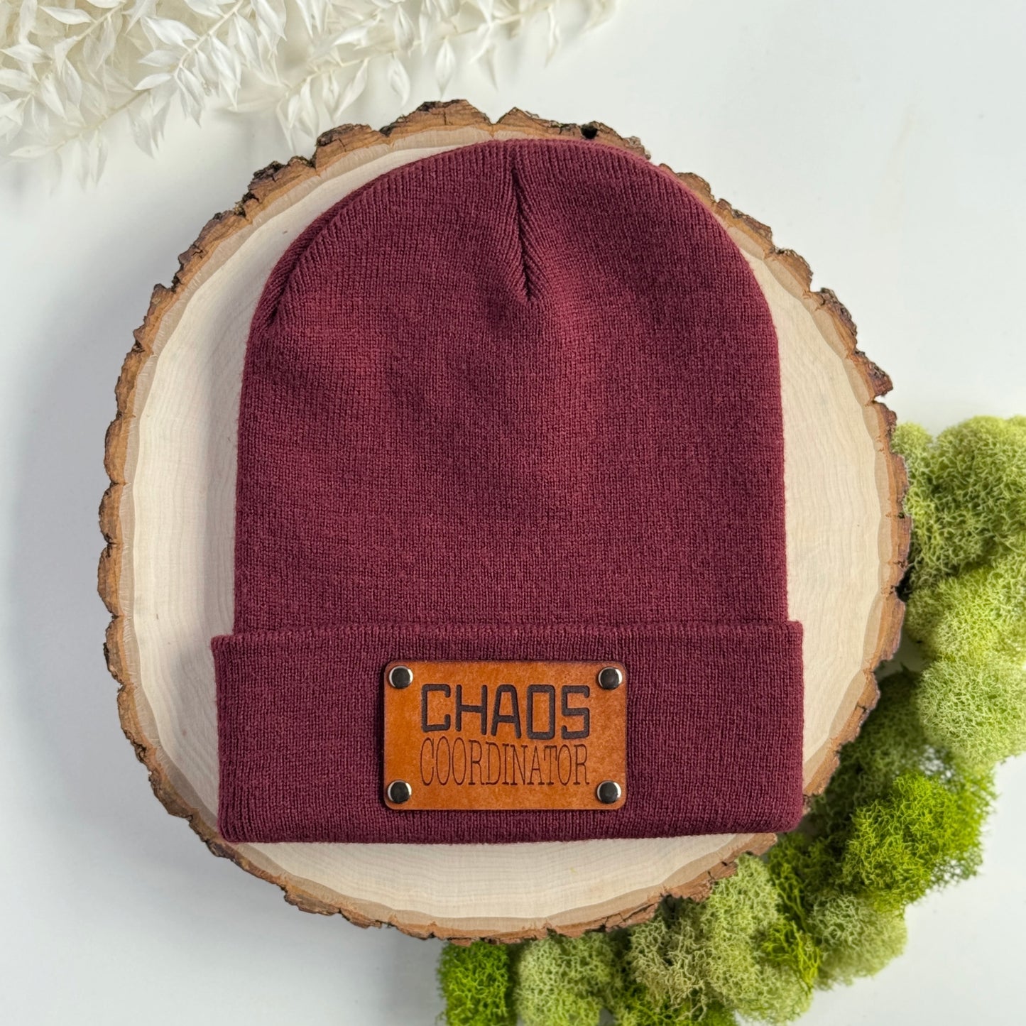 Chaos Coordinator beanie with snap on/off leather patch