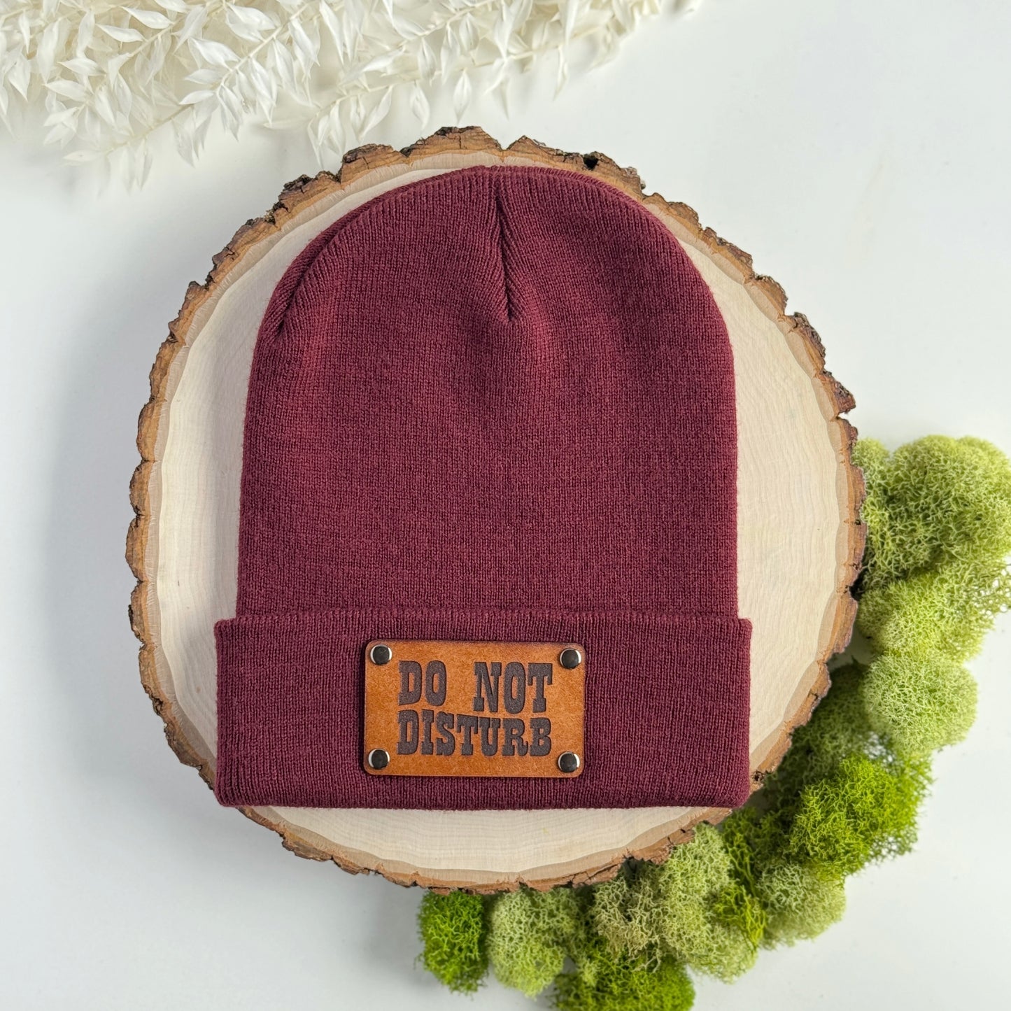 Do Not Disturb beanie with snap on/off leather patch