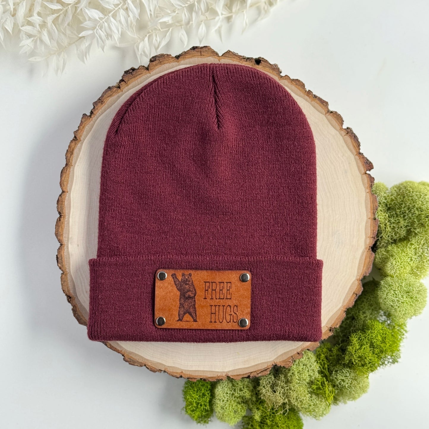 Free Hugs Bear beanie with snap on/off leather patch