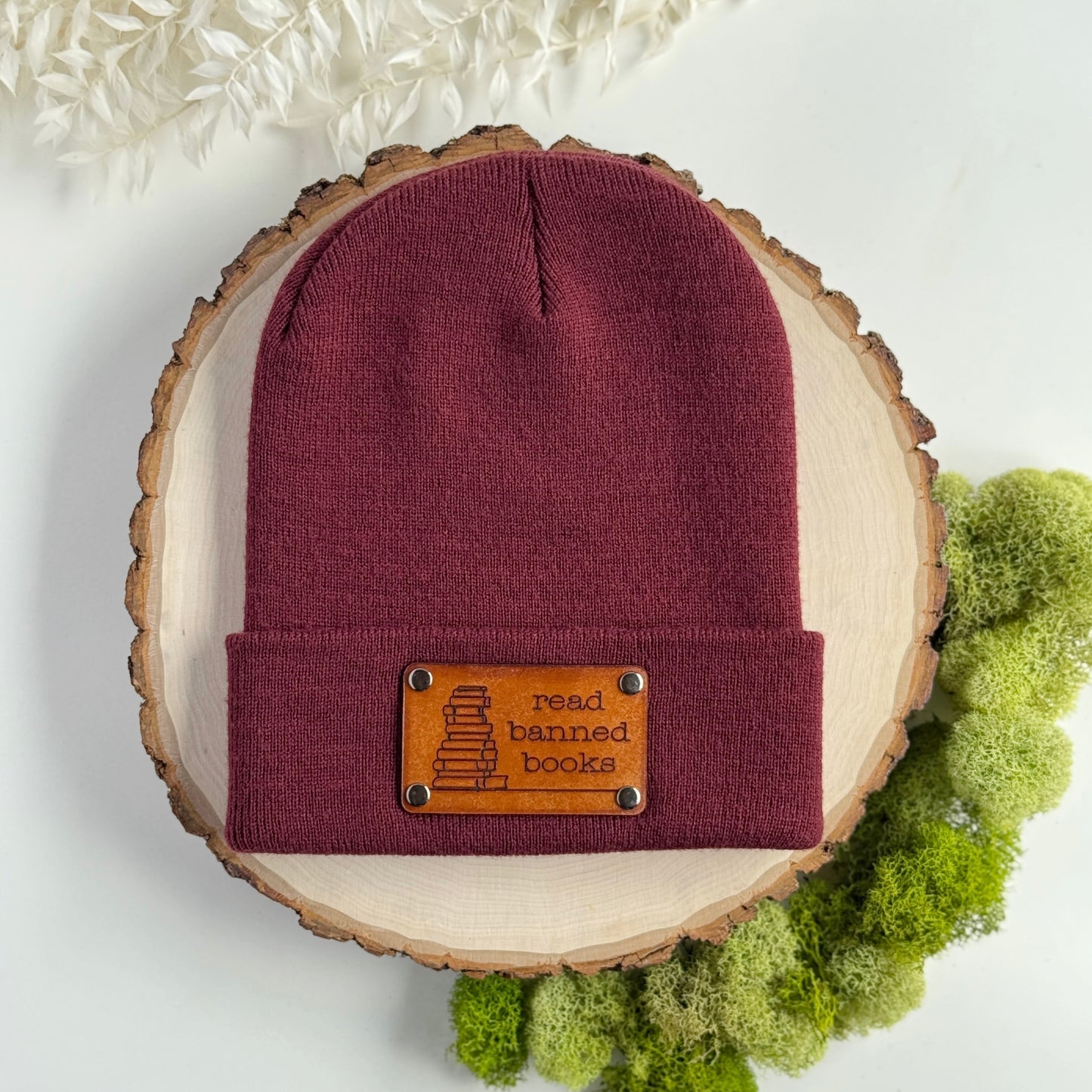 Read Banned Books beanie with snap on/off leather patch