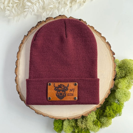 Party Animal beanie with snap on/off leather patch