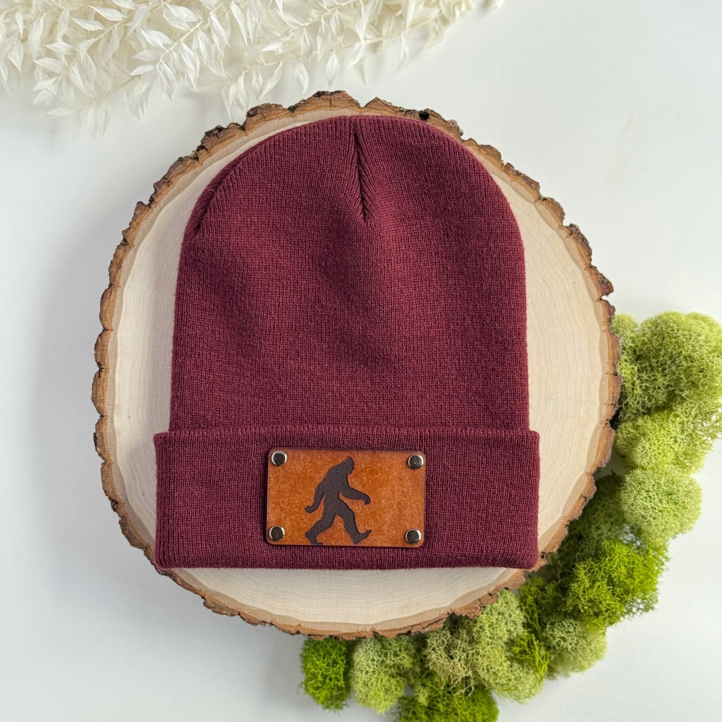 Sasquatch beanie with snap on/off leather patch