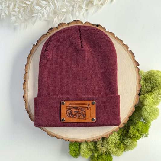 Boombox beanie with snap on/off leather patch