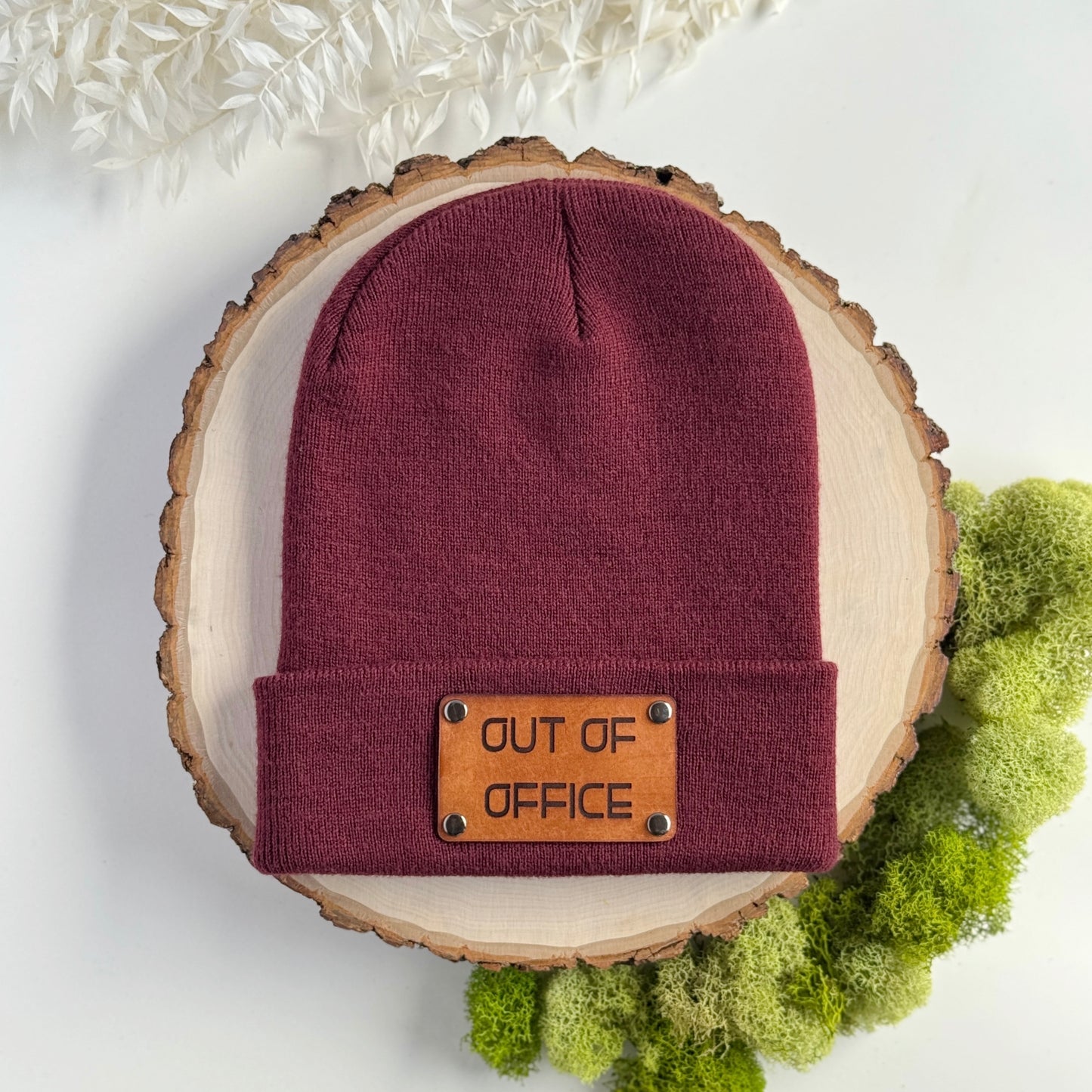 Out of Office beanie with snap on/off leather patch