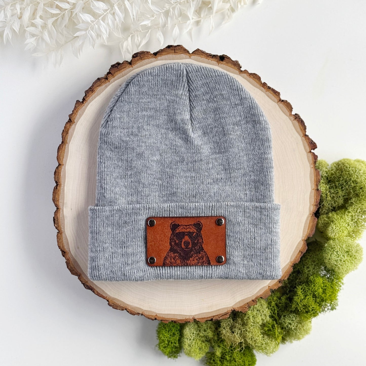 Bear in Sunglasses beanie with snap on/off leather patch