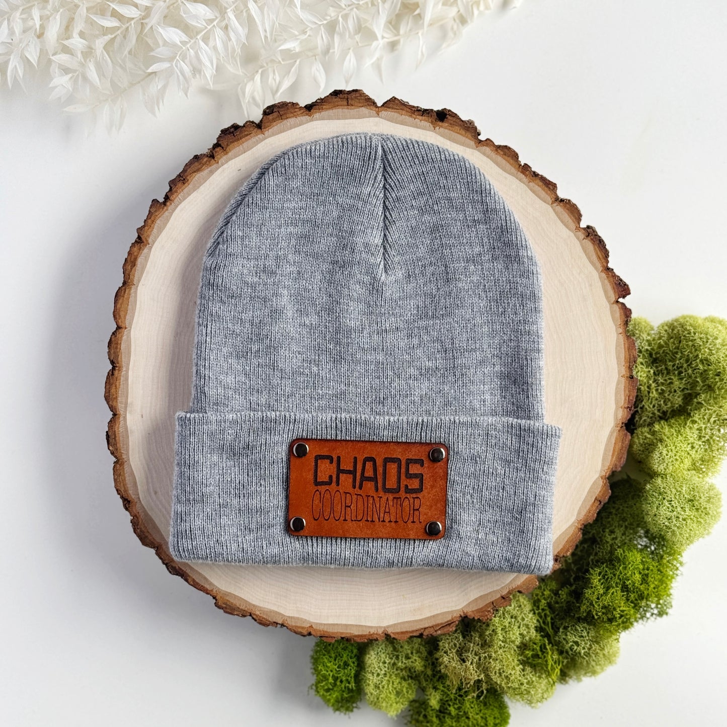 Chaos Coordinator beanie with snap on/off leather patch