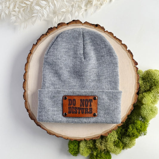 Do Not Disturb beanie with snap on/off leather patch