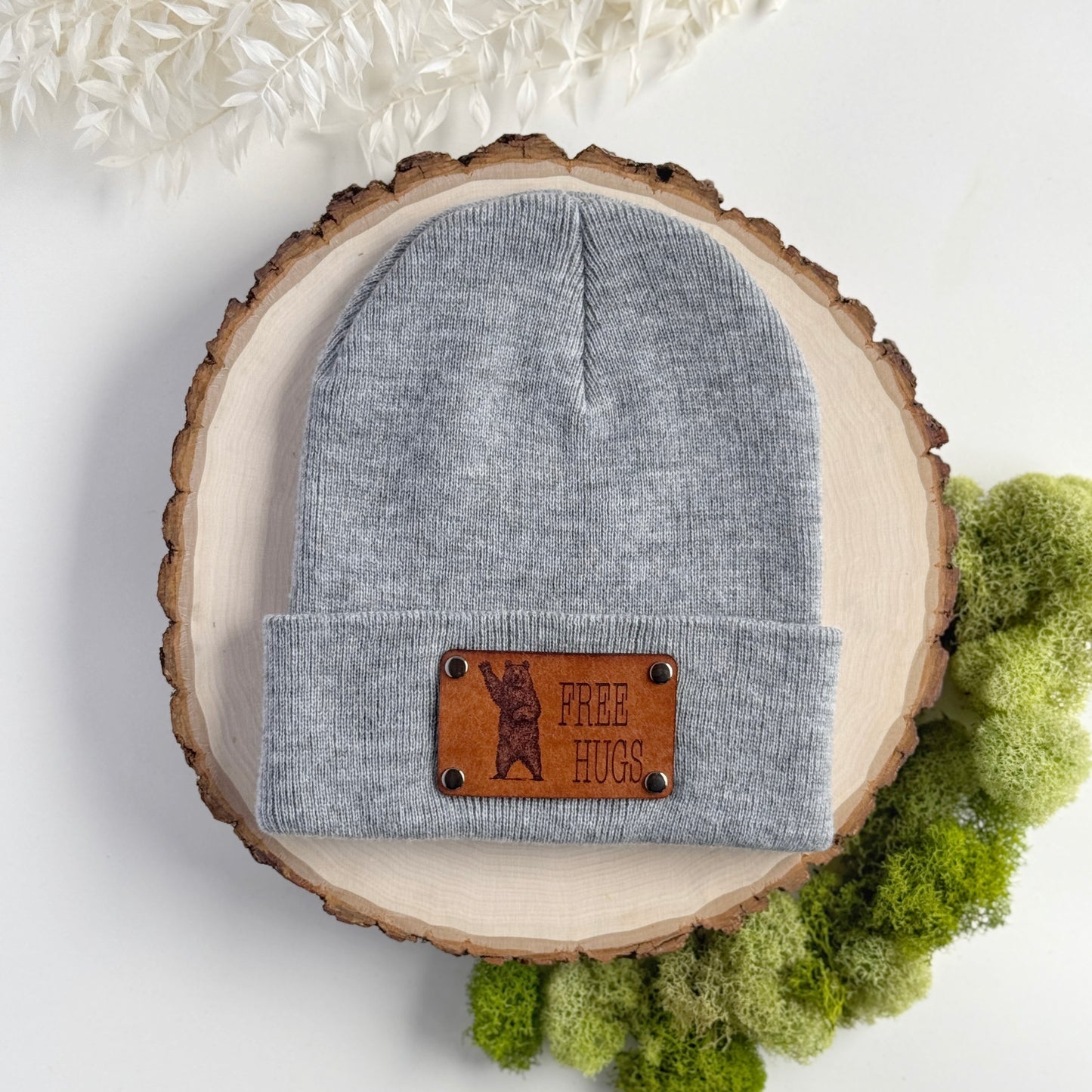 Free Hugs Bear beanie with snap on/off leather patch