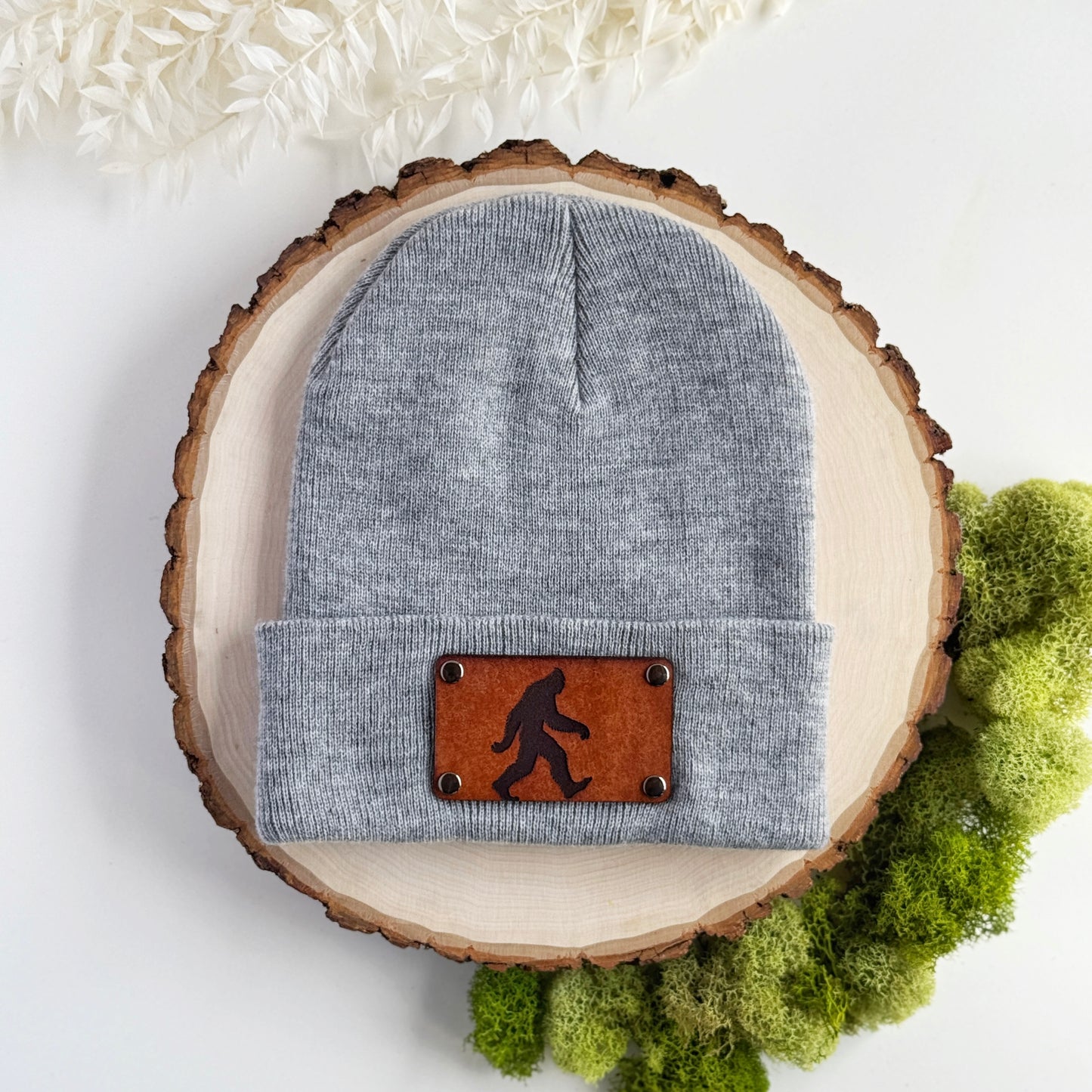 Sasquatch beanie with snap on/off leather patch