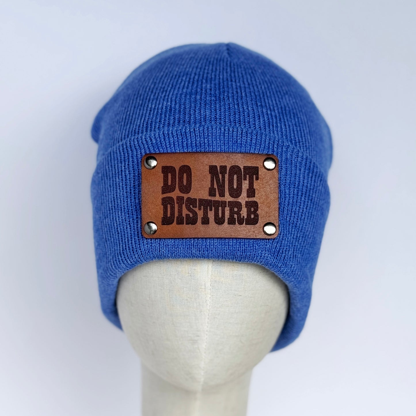 Do Not Disturb beanie with snap on/off leather patch