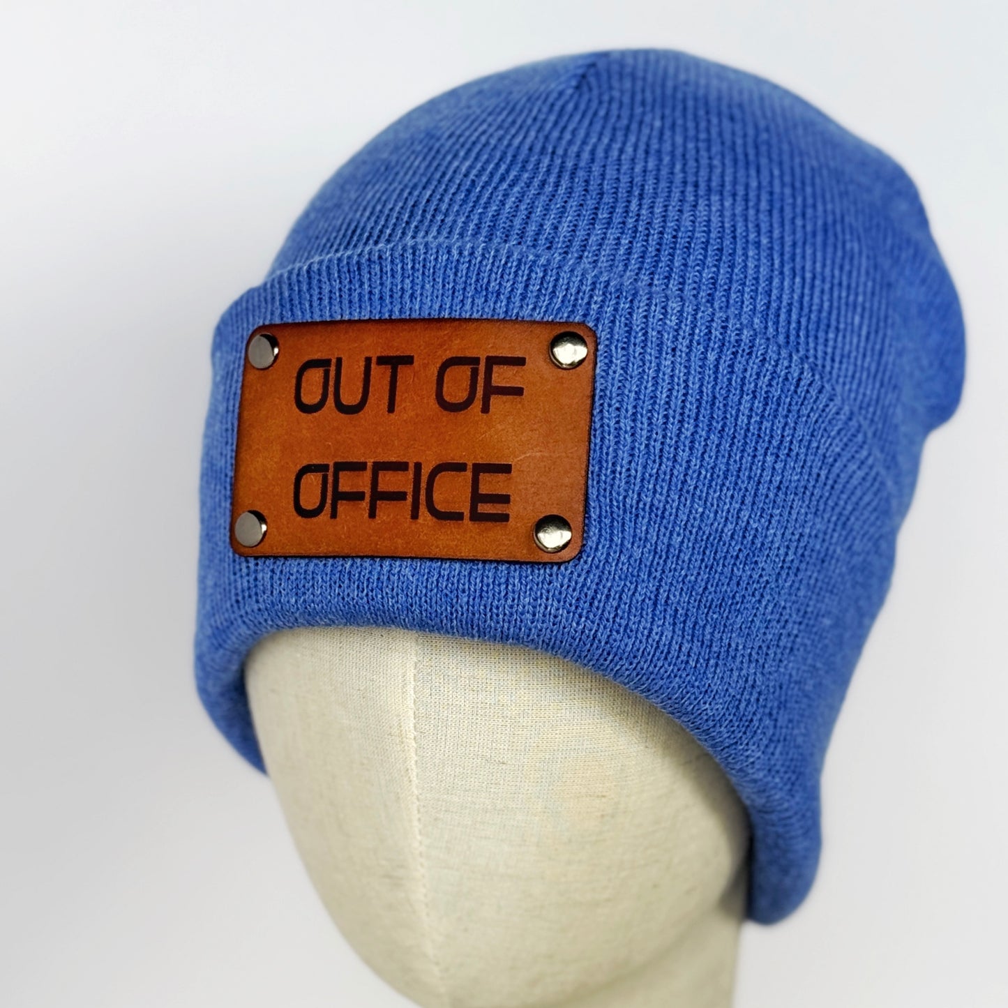 Out of Office beanie with snap on/off leather patch