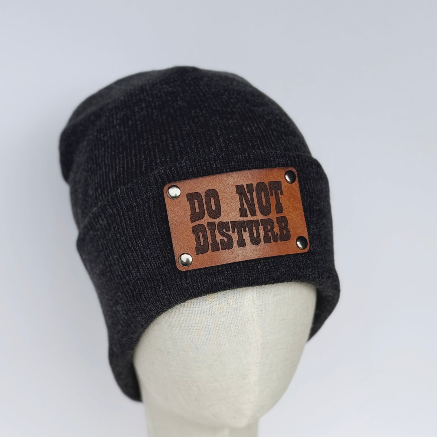 Do Not Disturb beanie with snap on/off leather patch