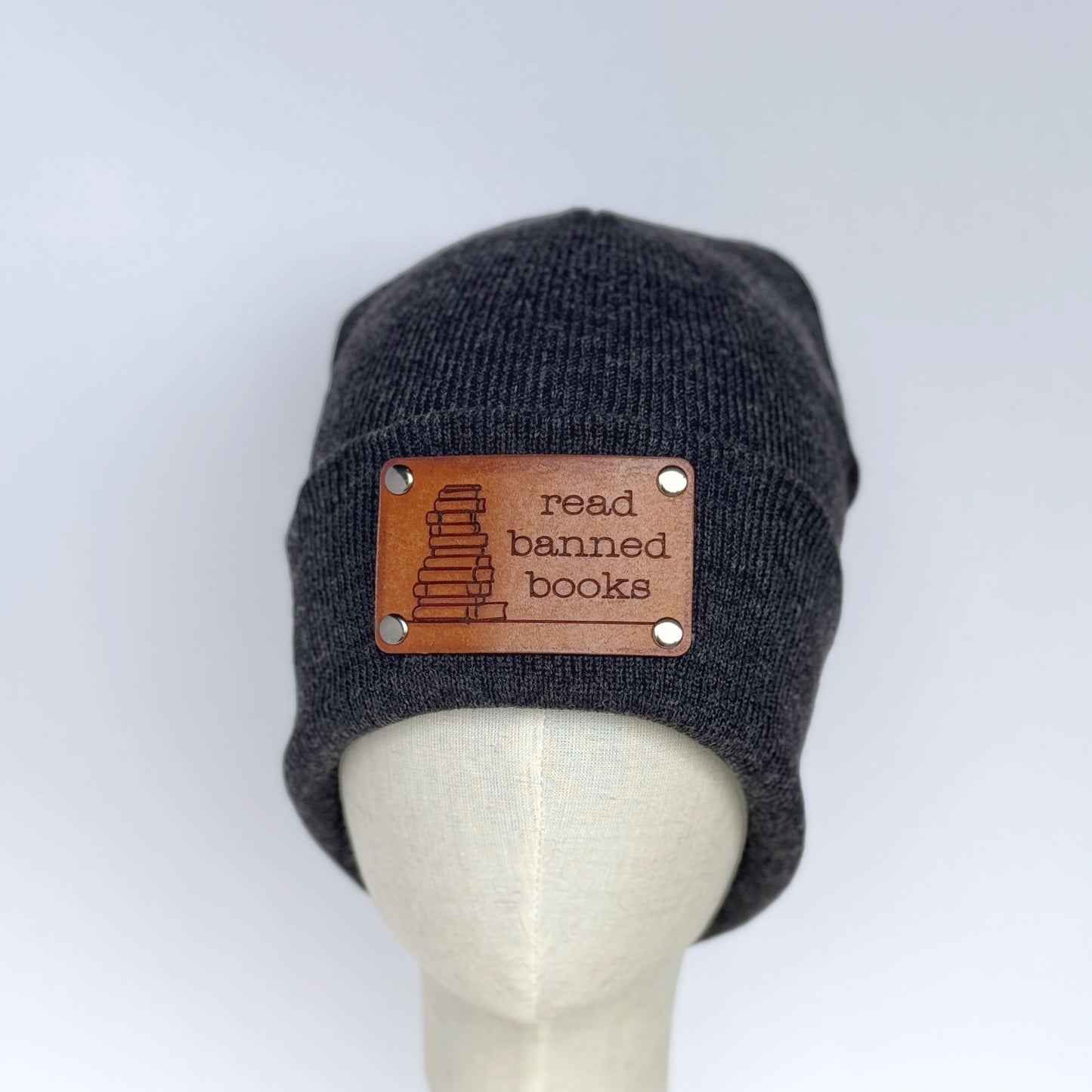 Read Banned Books beanie with snap on/off leather patch