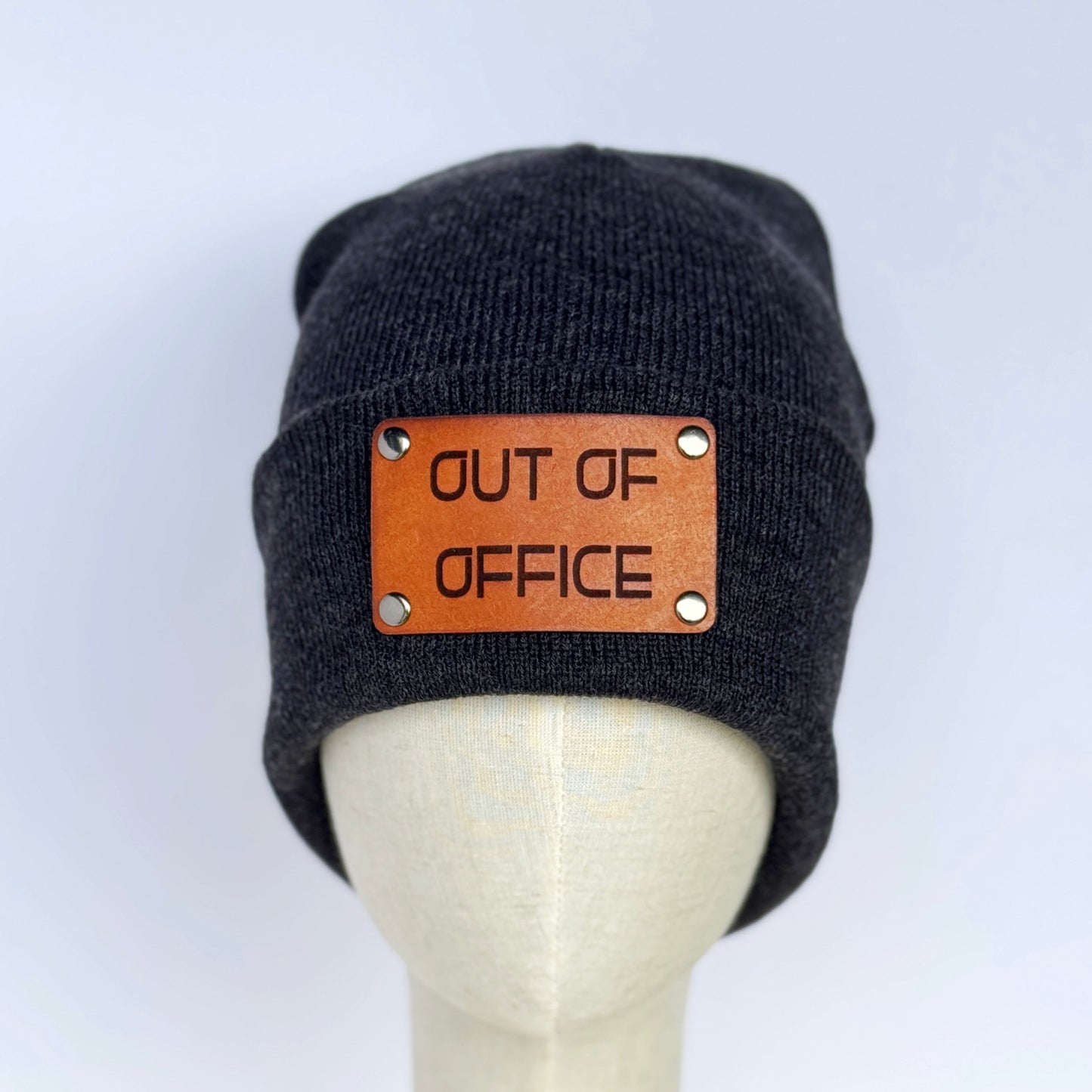 Out of Office beanie with snap on/off leather patch