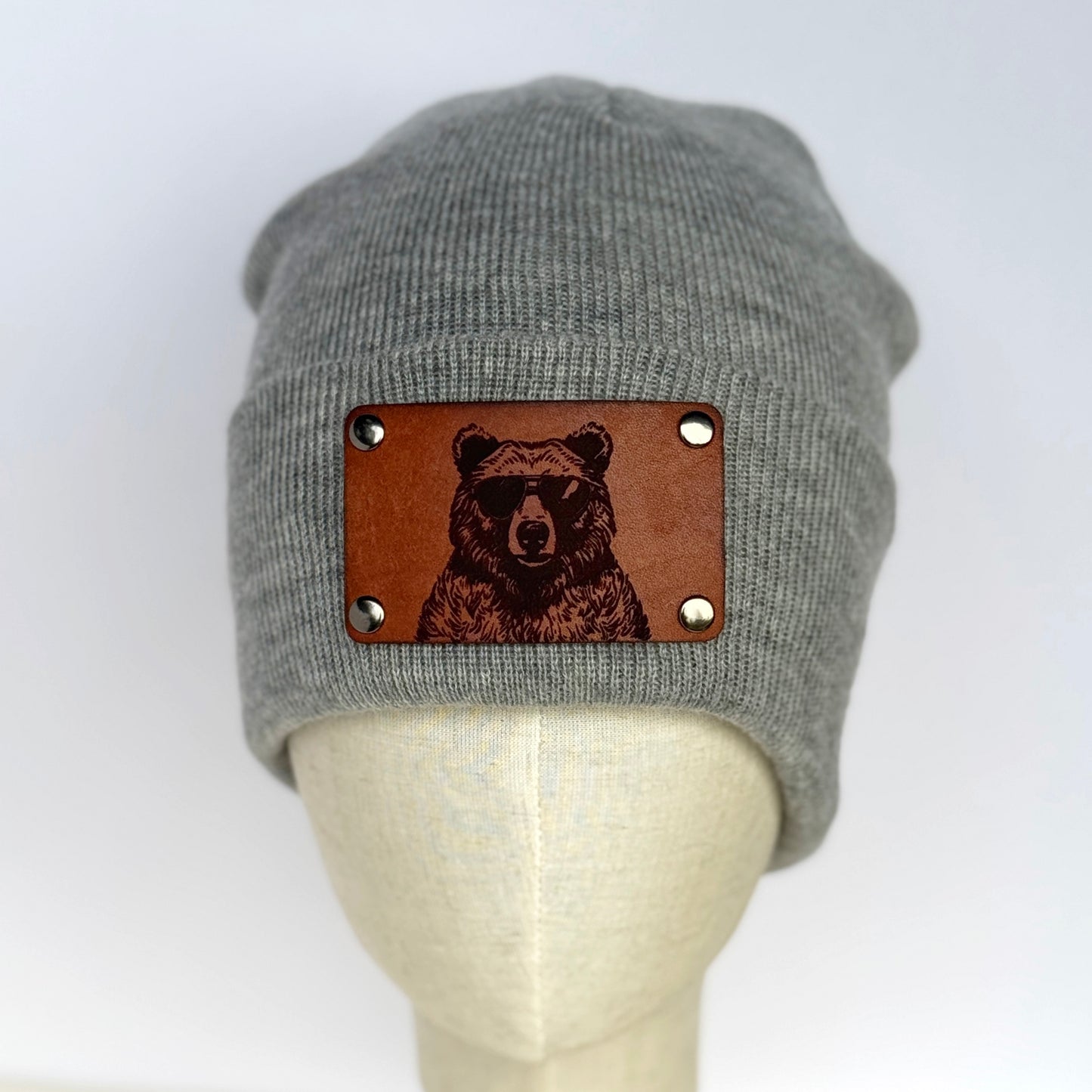 Bear in Sunglasses beanie with snap on/off leather patch