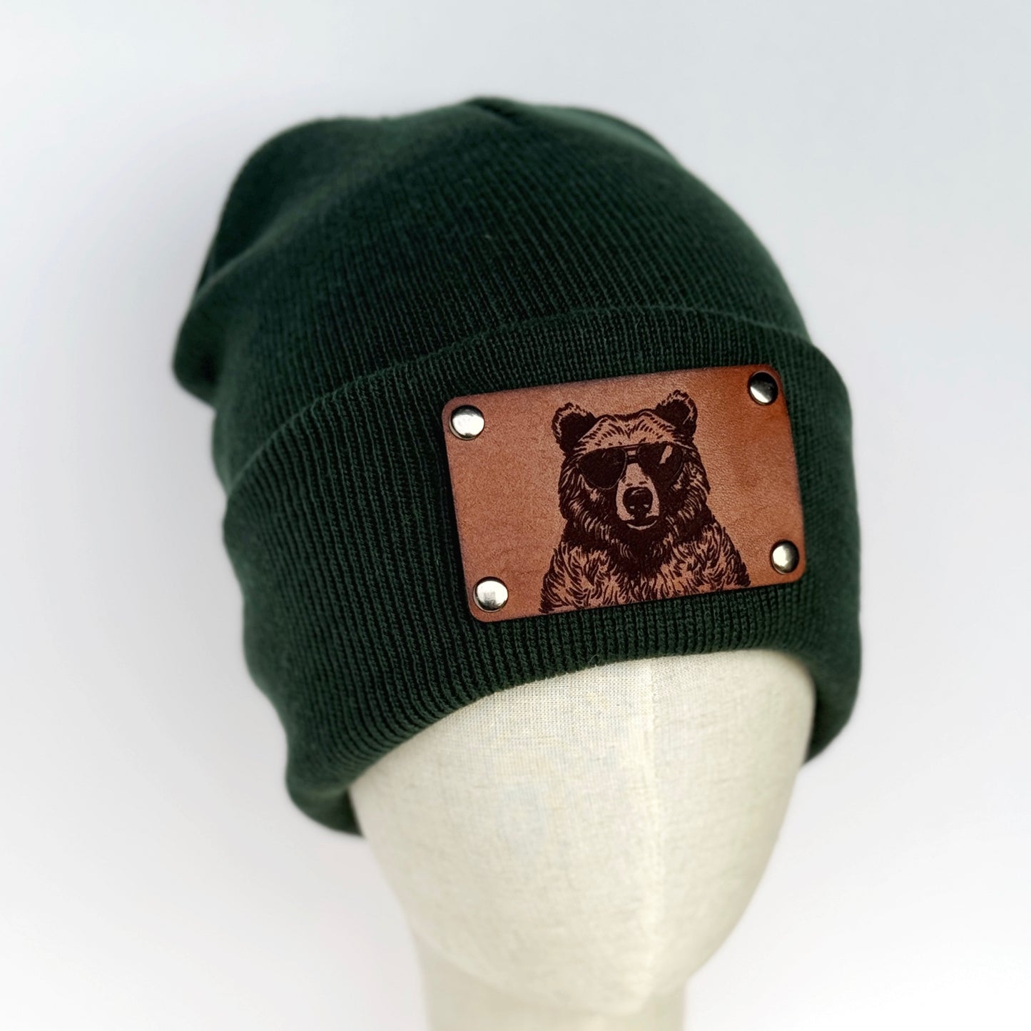 Bear in Sunglasses beanie with snap on/off leather patch