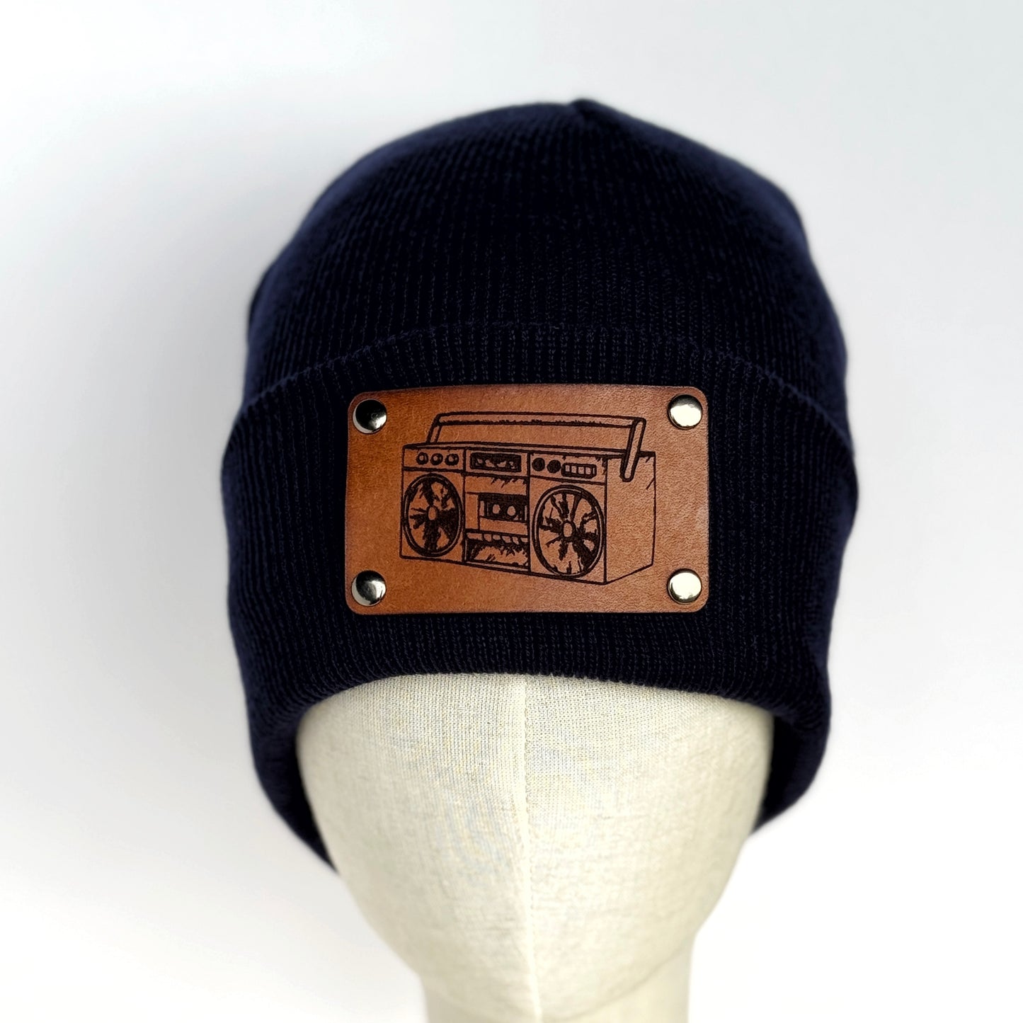 Boombox beanie with snap on/off leather patch