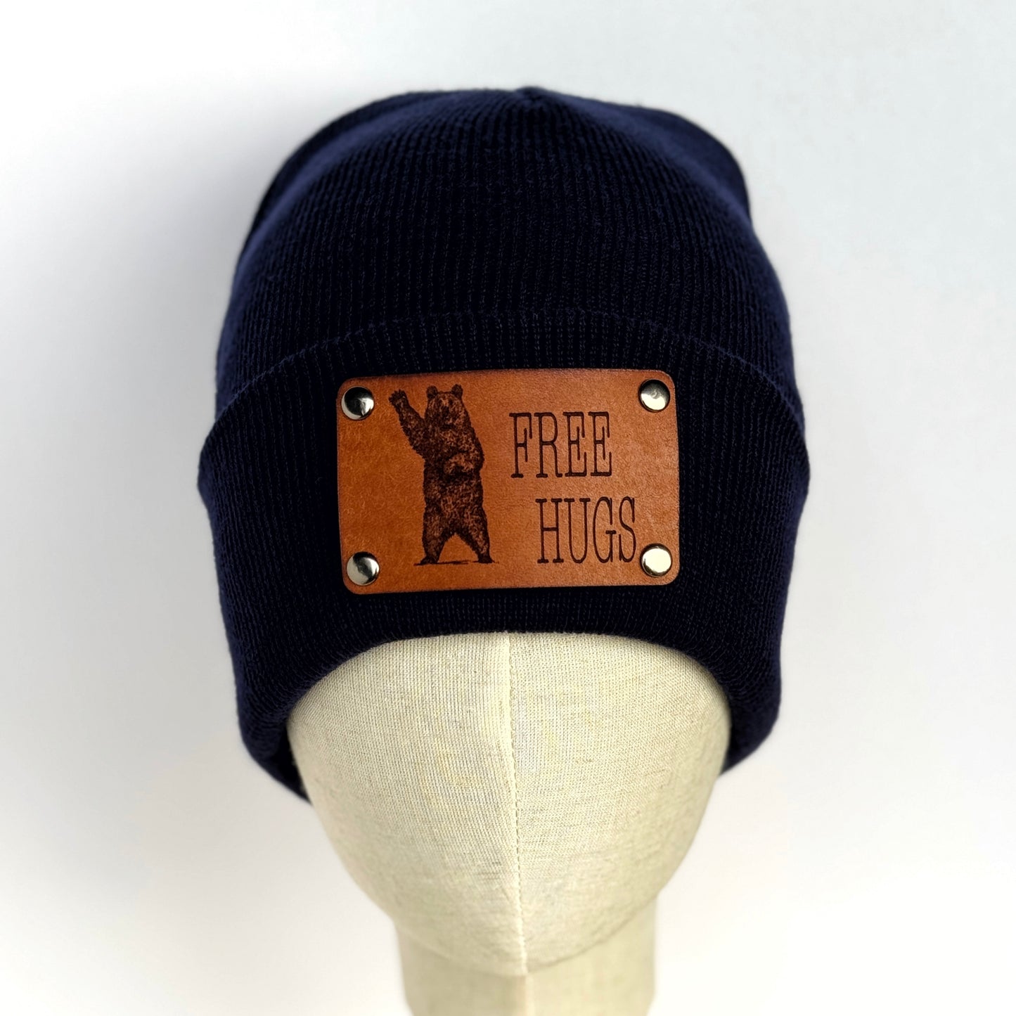 Free Hugs Bear beanie with snap on/off leather patch