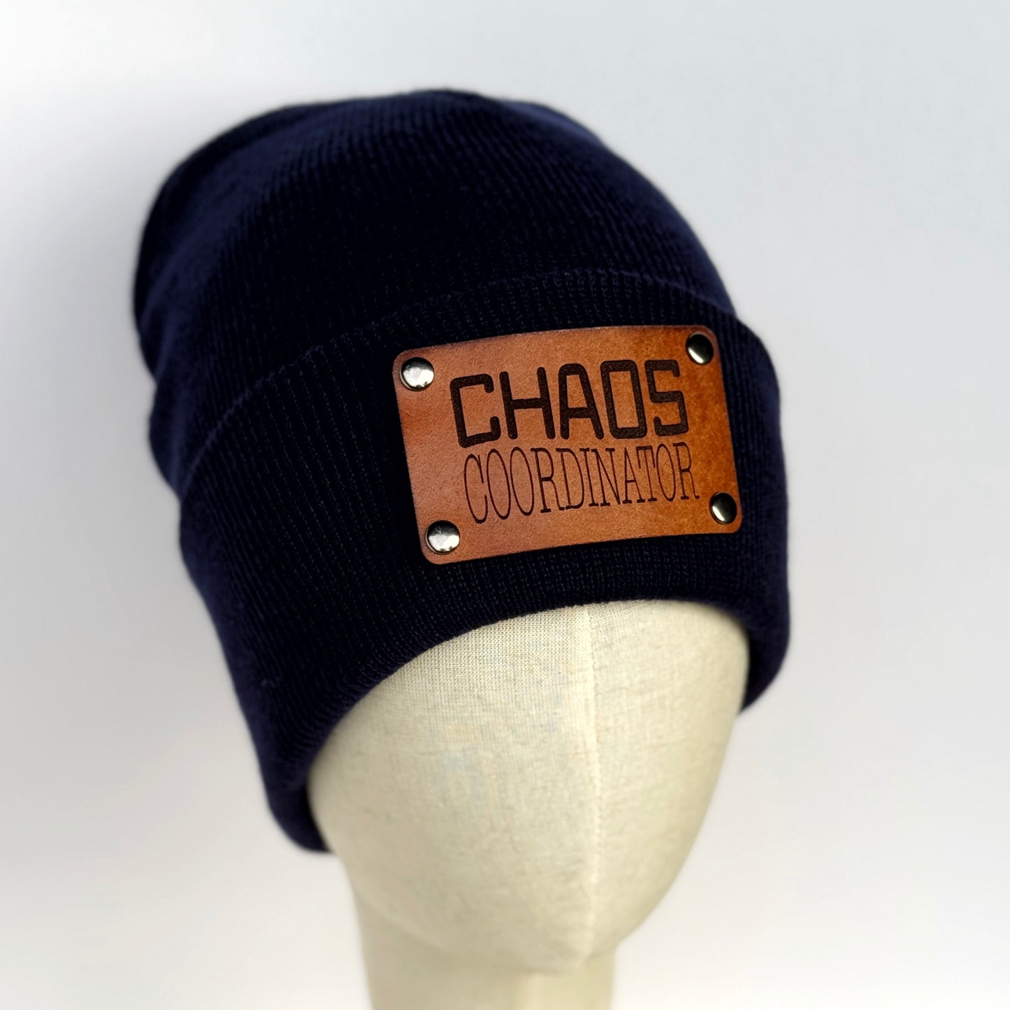 Chaos Coordinator beanie with snap on/off leather patch