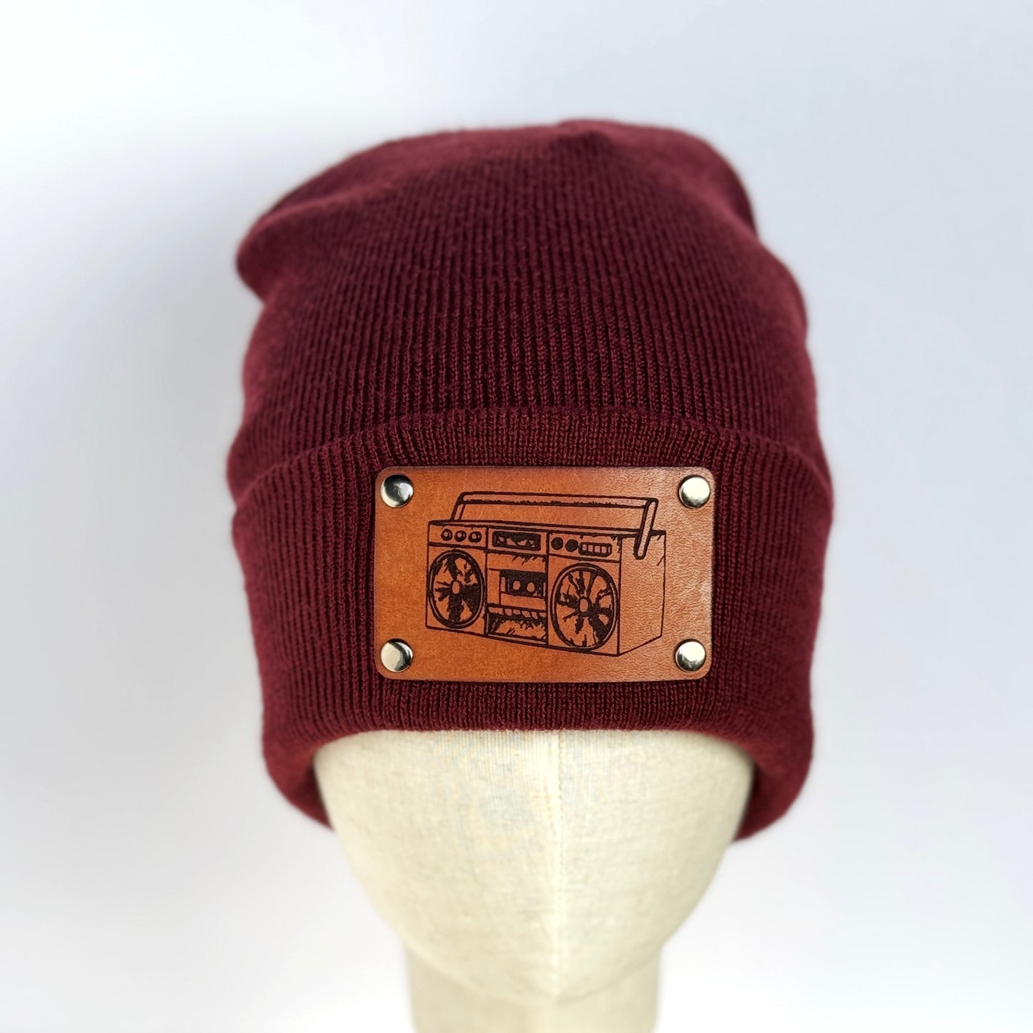 Boombox beanie with snap on/off leather patch