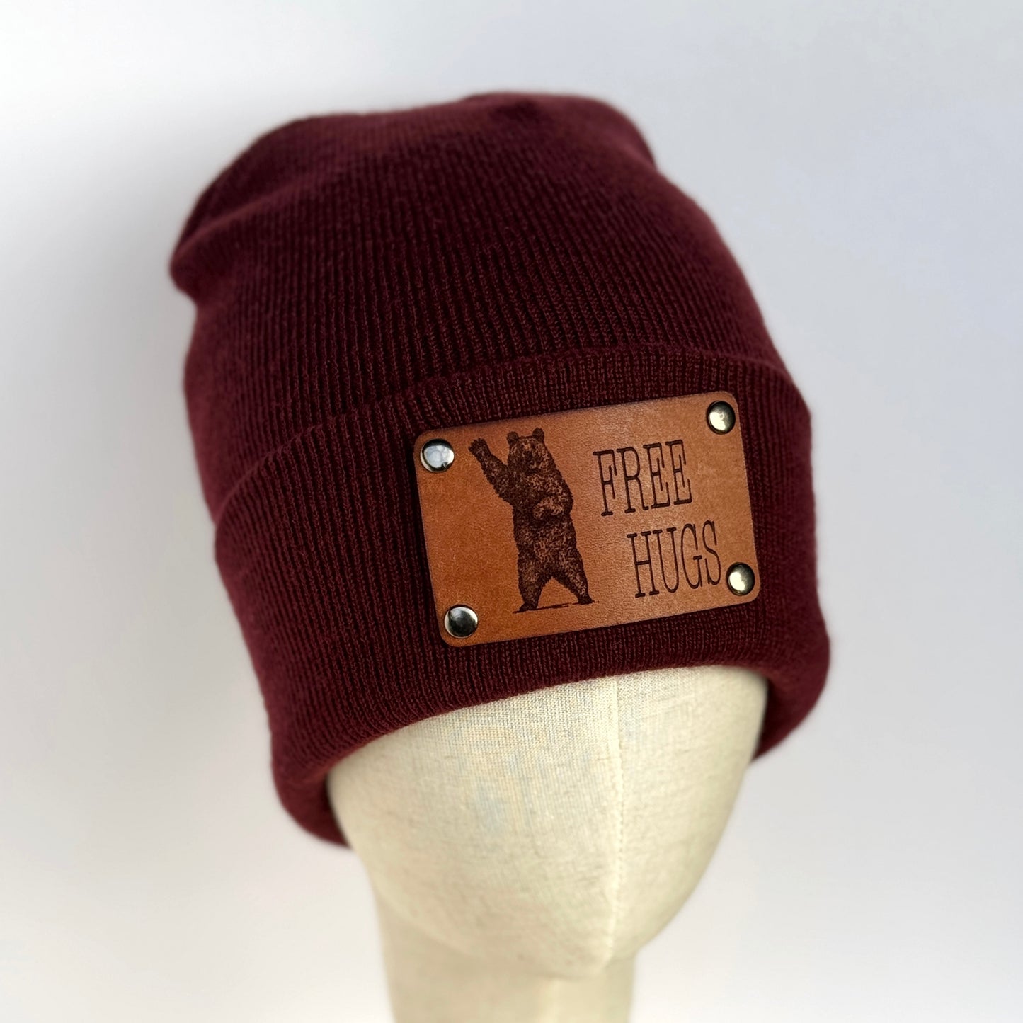 Free Hugs Bear beanie with snap on/off leather patch