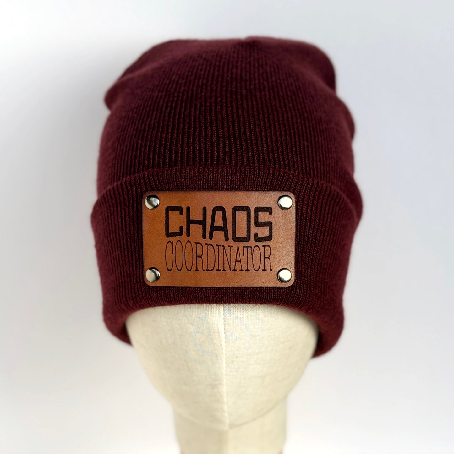 Chaos Coordinator beanie with snap on/off leather patch